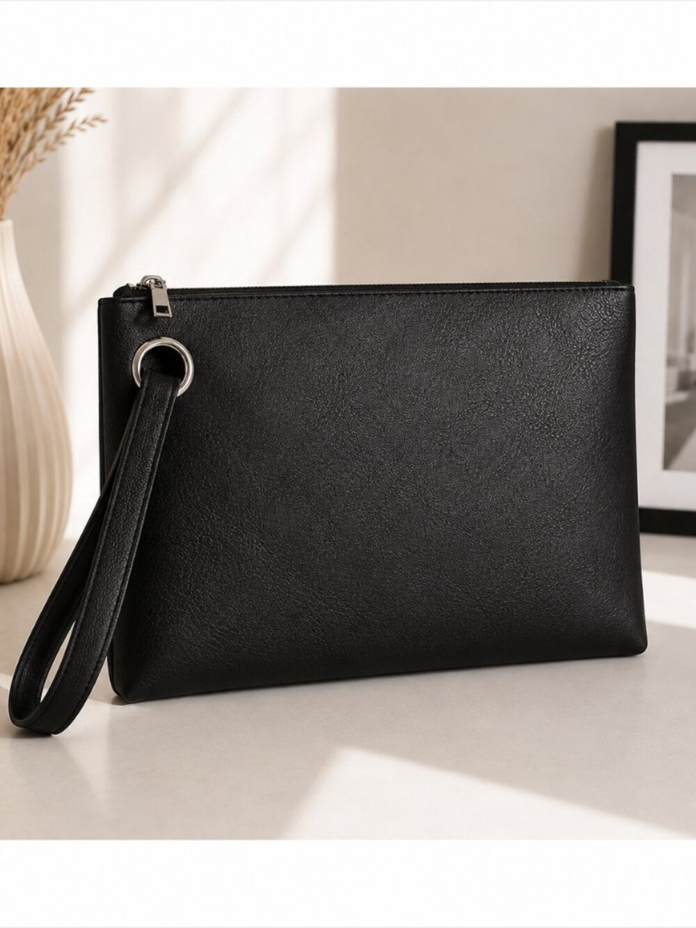 Large Black Clutch Purse Wristlet Faux Leather Zip Evening Bag Oversized Pouch - Picture 3 of 8